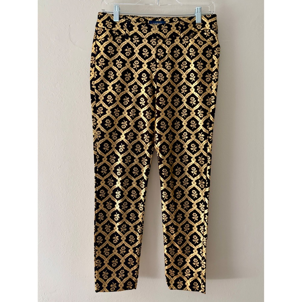 Old Navy Pixie Mid Rise Ankle Pants Black Gold Metallic Floral Damask Size 4